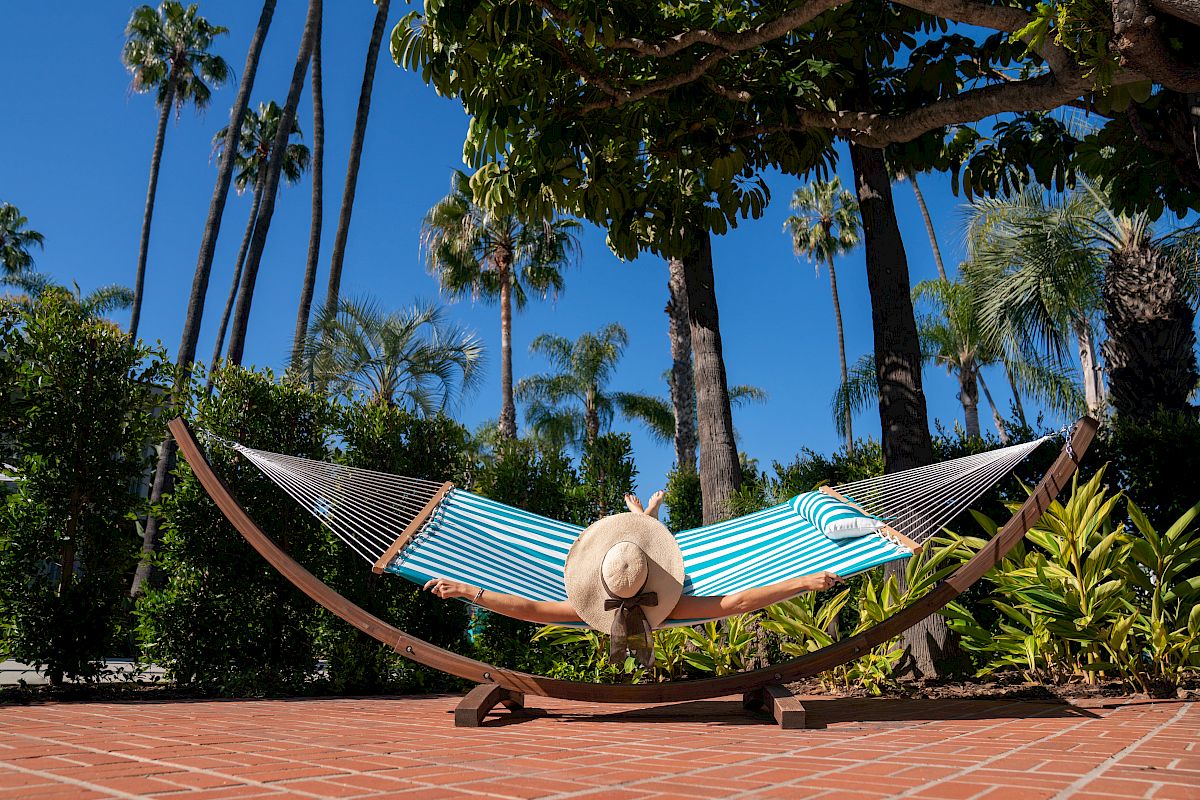 A person lounges in a blue-and-white striped hammock under tall palm trees, soaking up warm sunshine in a tropical garden.