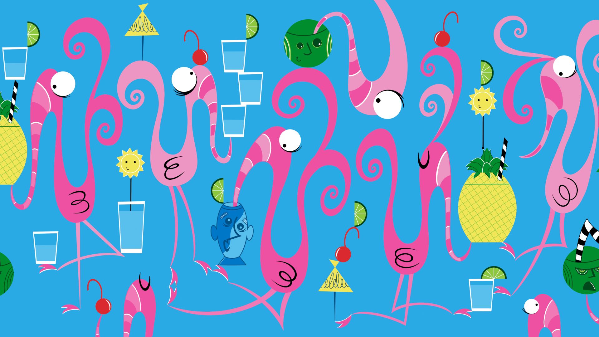 A colorful party scene filled with cute cartoon octopus-like creatures holding drinks, pineapples, limes, and decorations on a blue background.