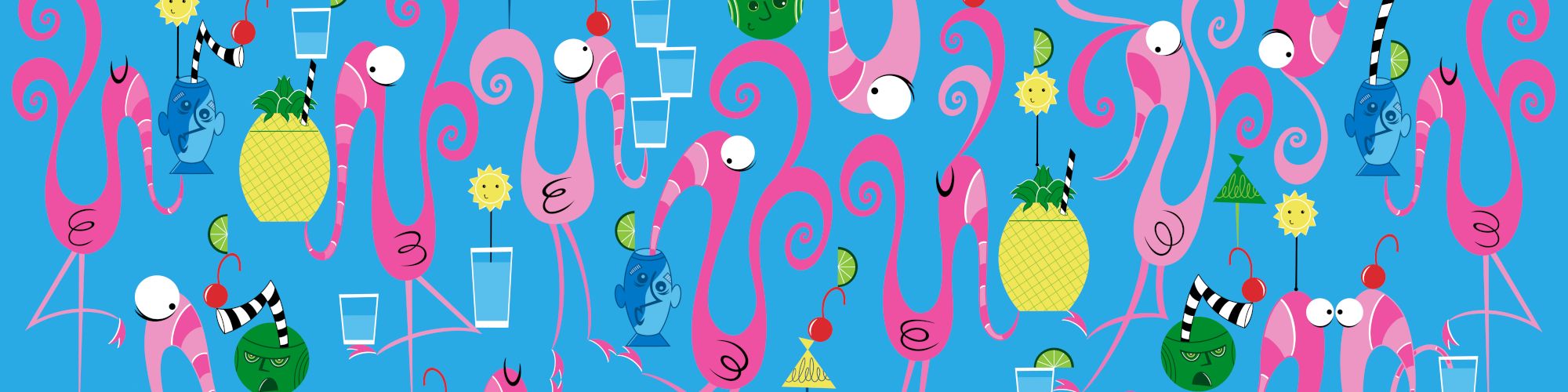 A colorful party scene filled with cute cartoon octopus-like creatures holding drinks, pineapples, limes, and decorations on a blue background.