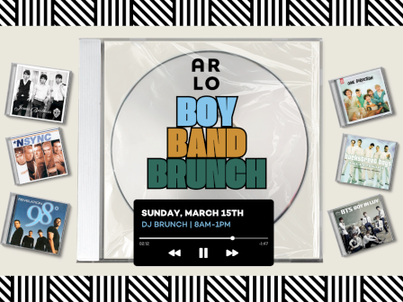 Poster for an &ldquo;All Boy Band Brunch&rdquo; event with a central vinyl graphic, surrounded by small band photos on a patterned border.
