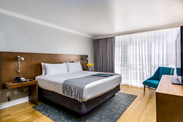 A modern hotel room features a large bed, a TV, an armchair, and floor-to-ceiling windows with curtains, creating a bright and welcoming atmosphere. San Diego hotel