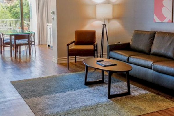 A modern living room with a sofa, armchair, coffee table, floor lamp, and a rug. A dining area with a table and chairs is seen in the background.