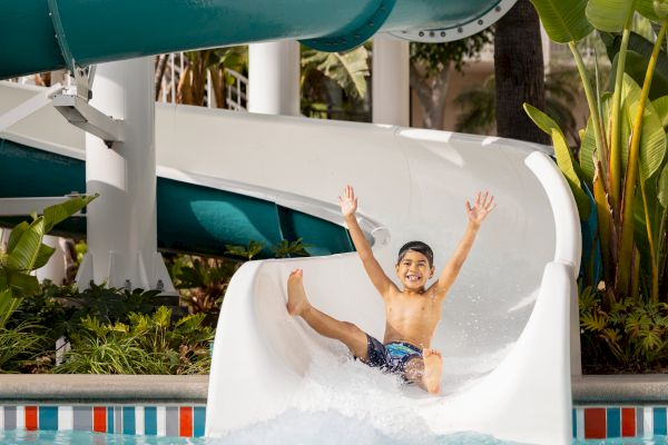 A child is sliding down a water slide named "Twister" at a water park, raising their arms and smiling as they approach the pool.