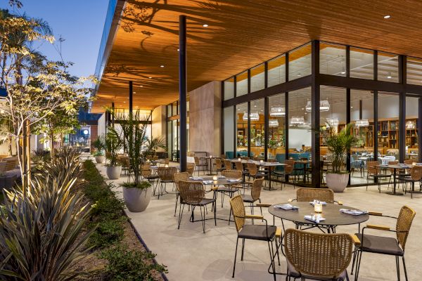 An outdoor seating area of a modern restaurant with wicker chairs, tables, and potted plants. Large glass windows reveal the indoor dining space.