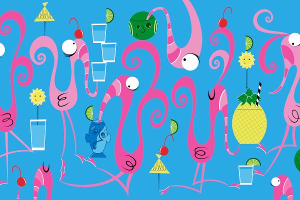 The image features whimsical pink flamingos with a blue background, enjoying tropical drinks, wearing sunglasses, and interacting humorously in various poses.