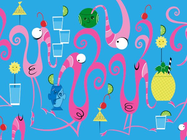 The image features whimsical pink flamingos with a blue background, enjoying tropical drinks, wearing sunglasses, and interacting humorously in various poses.