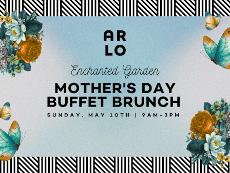 A pastel blue Mother&rsquo;s Day brunch flyer with floral corners, butterflies, black-and-white striped border, and bold text: &ldquo;MOTHER&rsquo;S DAY BUFFET BRUNCH&rdquo; ending with a period.