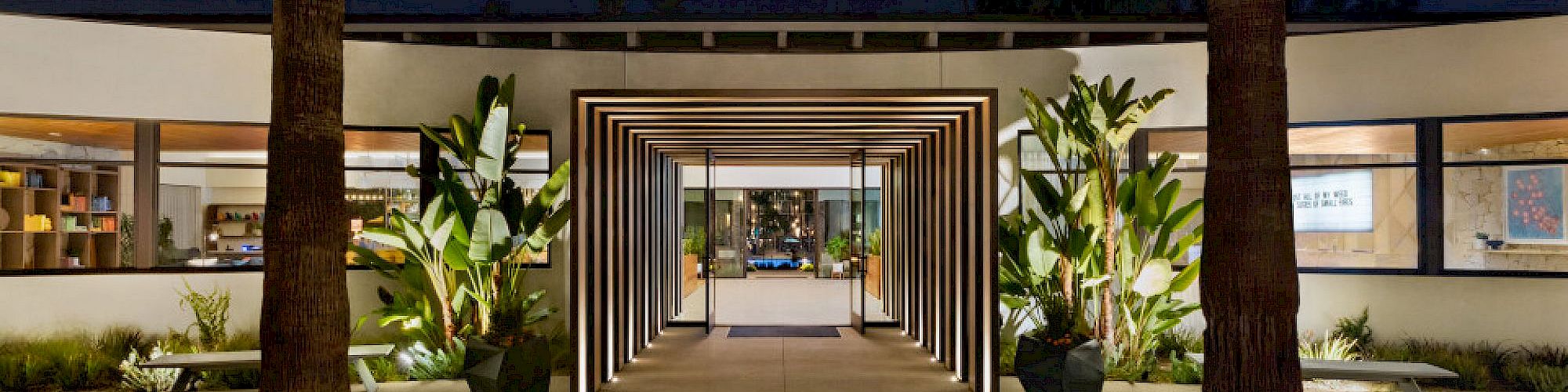 A modern entrance framed by two tall palm trees, illuminated at night, with a pathway lined with greenery and decorative lights.