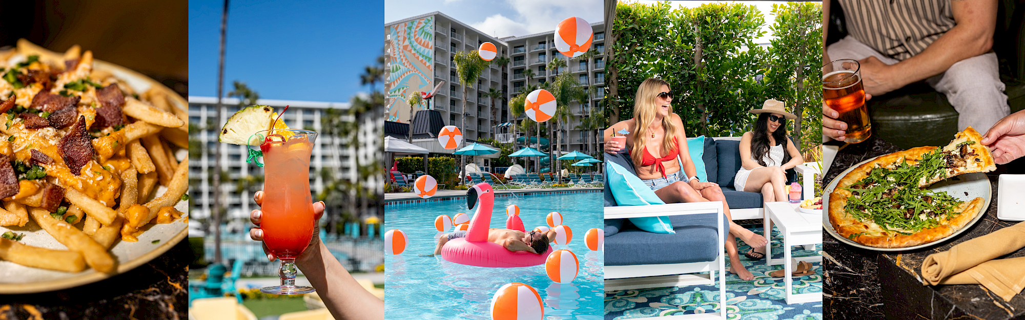 A sunny vacation spread: fries and pizza, poolside cocktails, a beach resort pool with inflatables and friends relaxing.