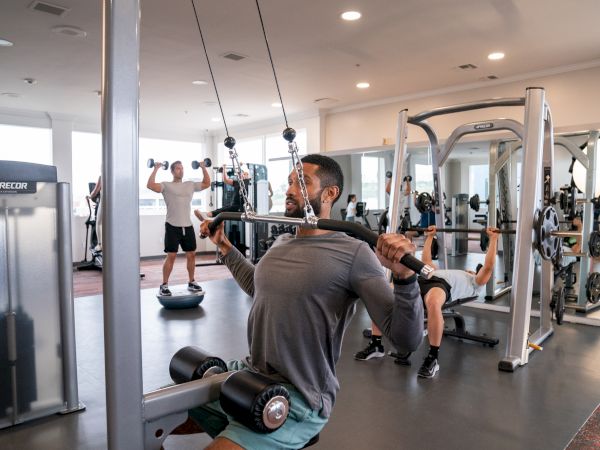 People are working out in a gym using various equipment, including cable machines, free weights, and benches.