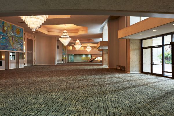 A spacious, carpeted lobby with large chandeliers, artwork on the wall, and glass doors allowing natural light to enter the room, casting soft shadows. • Grand ballrooms, breakout spaces, and expo setups.