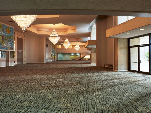 A spacious, carpeted lobby with large chandeliers, artwork on the wall, and glass doors allowing natural light to enter the room, casting soft shadows. • Grand ballrooms, breakout spaces, and expo setups.