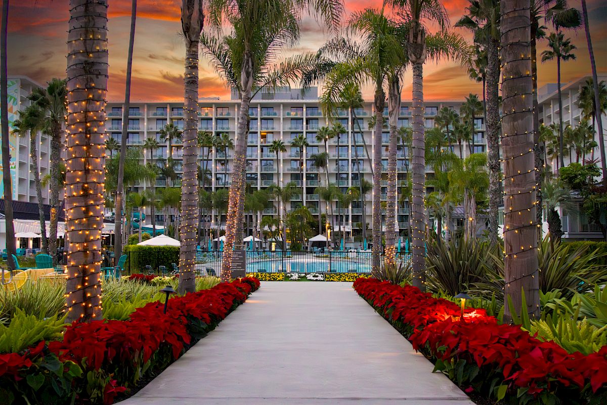 A hotel courtyard at sunset with tall palm trees wrapped in warm lights, a walkway lined with red flowers, and a pool behind.
