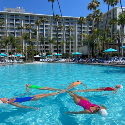 Four people in brightly colored swimsuits float in a star formation in a hotel pool, surrounded by palm trees and lounge chairs.