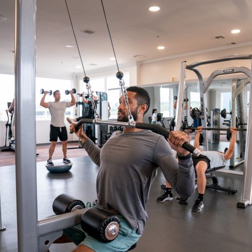 People exercising in a gym with various equipment like cable machines and dumbbells, engaging in different workouts.