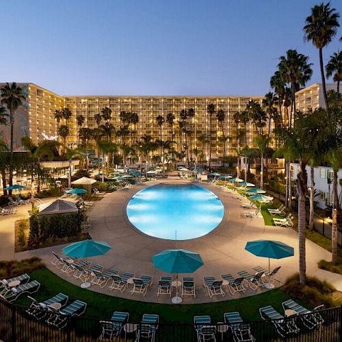 A resort with a large circular pool surrounded by lounge chairs and umbrellas. Tall palm trees and a multi-story hotel building frame the background.