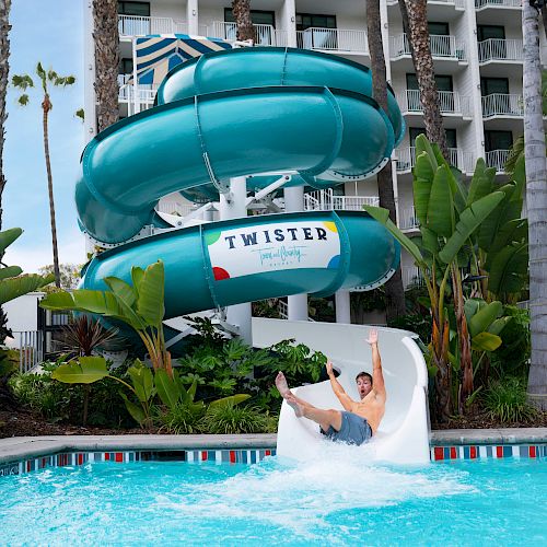 A person is sliding down a water slide into a pool at a resort. The slide is named "Twister" and surrounded by tall palm trees.