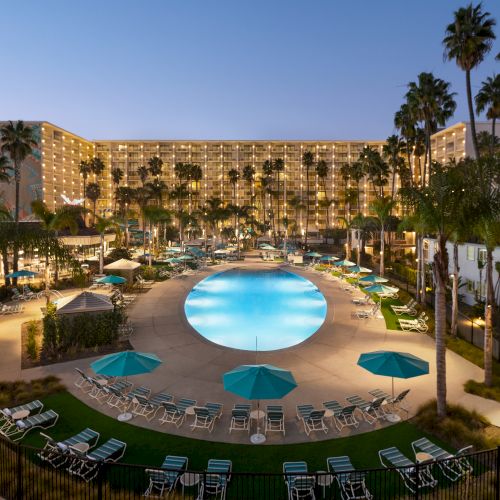 This image shows a large swimming pool surrounded by lounge chairs and umbrellas, with a tall illuminated building and palm trees in the background.