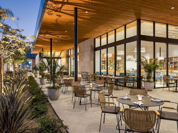 An outdoor dining area with tables and chairs, potted plants, and modern architecture featuring large glass windows, under a wooden ceiling, taken at dusk.
