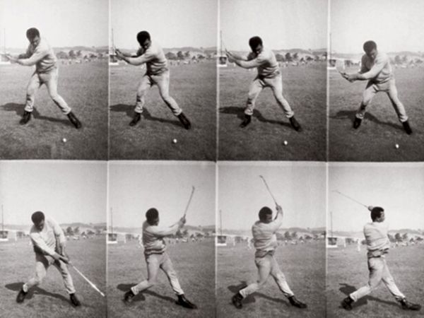 A black-and-white photo sequence shows a man in an outdoor field practicing a swinging/batting motion toward a ball.