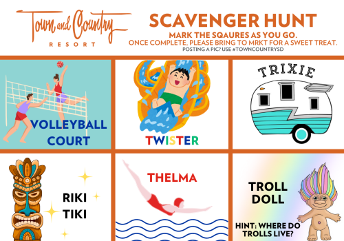 A scavenger hunt with images of a volleyball court, Twister, RV, Tiki, dog balloon, neon sign, and more, along with instructions to mark squares.
