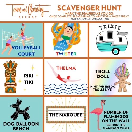 A scavenger hunt with images of a volleyball court, Twister, RV, Tiki, dog balloon, neon sign, and more, along with instructions to mark squares.
