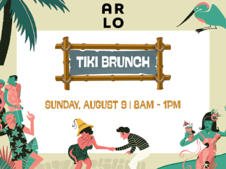 A tropical poster for &ldquo;Tiki Brunch&rdquo; with art of people, date Sunday Aug 9, 8am&ndash;1pm, and the &ldquo;AR LO&rdquo; title.