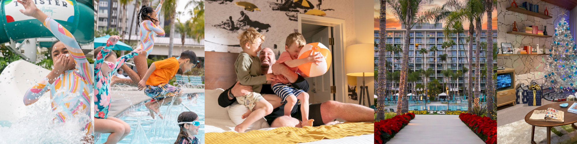A resort collage: kids playing in a pool, a family cuddling, and a palm-lined holiday celebration indoors and out.