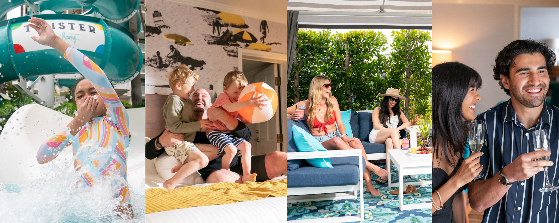 A birthday-like collage: kids splashing in water, a dad holding little boys, friends relaxing and toasting outdoors.