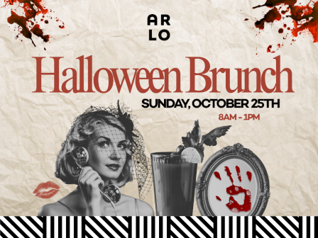 A Halloween Brunch poster for Arlo: Sunday, Oct 25, 8am&ndash;1pm, with a woman on phone and a bloody handprint.