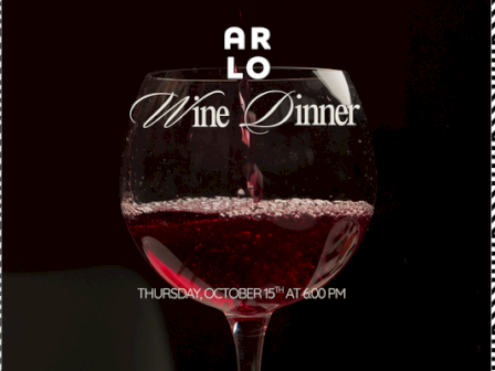 A &ldquo;Wine Dinner&rdquo; event poster showing a goblet of red wine with date/time text: Thu Oct 15 at 6:00 PM.