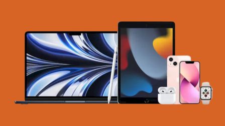 A laptop, a tablet, a smartphone, earbuds case, and a watch/fitness band graphic on an orange background.