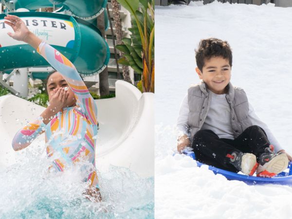 The image shows a person exiting a waterslide and a child sledding on snow, both enjoying outdoor activities.