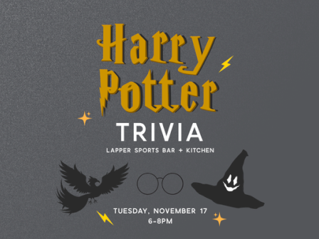 A Harry Potter Trivia flyer with a golden logo, Hogwarts silhouettes, and the date/time &ldquo;Tuesday, November 17, 6&ndash;8PM.&rdquo;