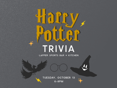 A &ldquo;Happy Potter Trivia&rdquo; flyer for Tue Oct 13, 6&ndash;8PM, with lightning, wings, and a witch silhouette.