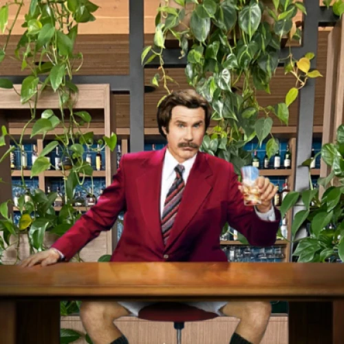 A man in a red suit jacket sits at a desk holding a glass, surrounded by greenery and shelves, notably not wearing pants.