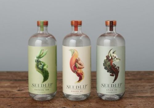 Three Seedlip bottles on a wooden surface, each with unique illustrated labels, set against a plain background.