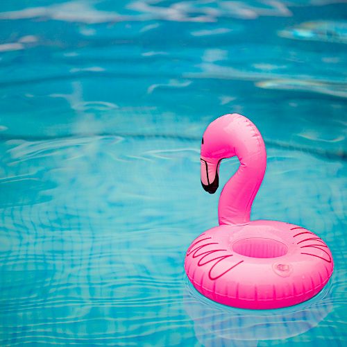 A pink flamingo pool float is floating in a clear blue swimming pool.