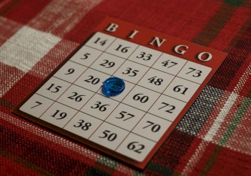 A Bingo card with a blue chip on number 22, placed on a red plaid fabric background.