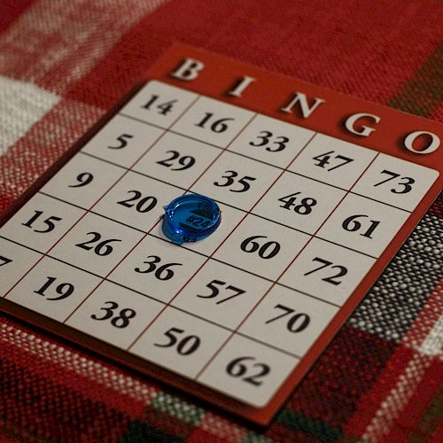 A Bingo card with a blue chip on number 22, placed on a red plaid fabric background.