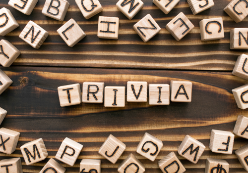 Wooden letter blocks form the word "TRIVIA," surrounded by other scattered letters on a wooden surface.