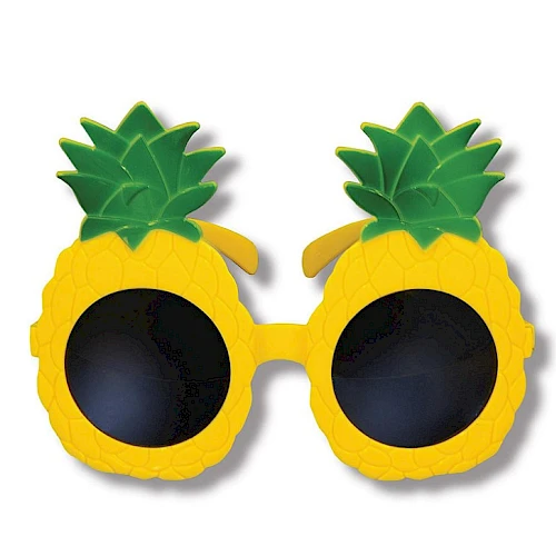 Novelty sunglasses designed to look like pineapples with yellow frames and green tops.
