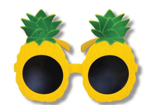 A pair of novelty sunglasses designed to look like pineapples, featuring yellow frames and green leafy tops.