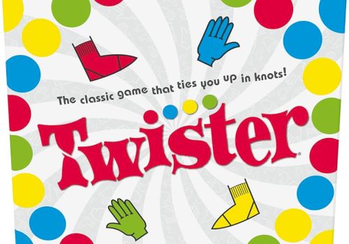 It's a Twister game box featuring colorful dots and illustrations of hands and feet on a spiral background.
