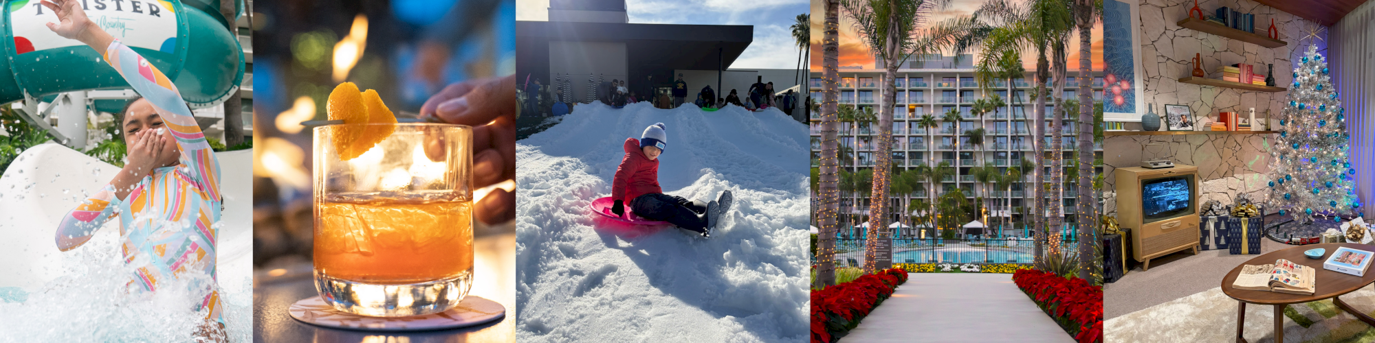 Collage of festive moments: a confetti beach ball, a glowing cocktail, a snowy sled ride, palm-lit hotel walkway, and a Christmas tree.