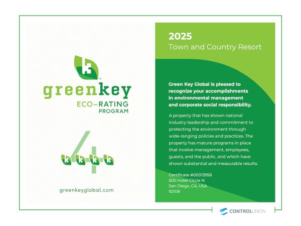 GreenKey eco-rating product logo on left; 2025 Town and Country Resort on right; green theme, text blocks, globe icon, small URL at bottom.