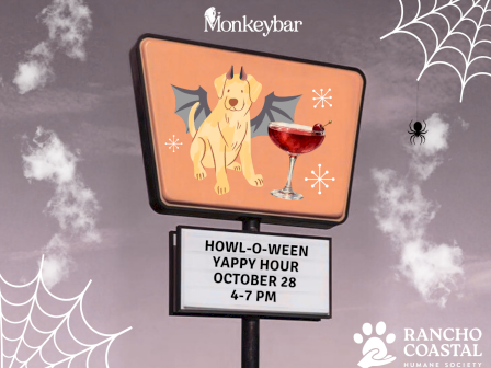 A Halloween &ldquo;Howl-o-ween&rdquo; yappy hour poster: a dog with wings and a drink, Oct 28, 4&ndash;7pm, Monkeybar/Rancho Coastal Humane Society!