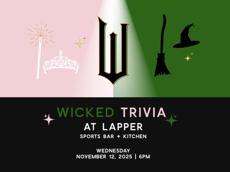 The image is a flyer for "Wicked Trivia at Lapper Sports Bar + Kitchen" on Wednesday, November 15, 2023, at 6 PM.