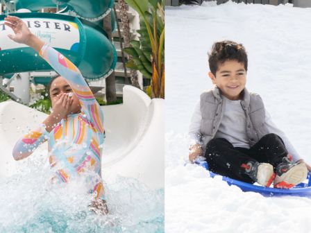 The image shows a person exiting a waterslide and a child sledding on snow, both enjoying outdoor activities.